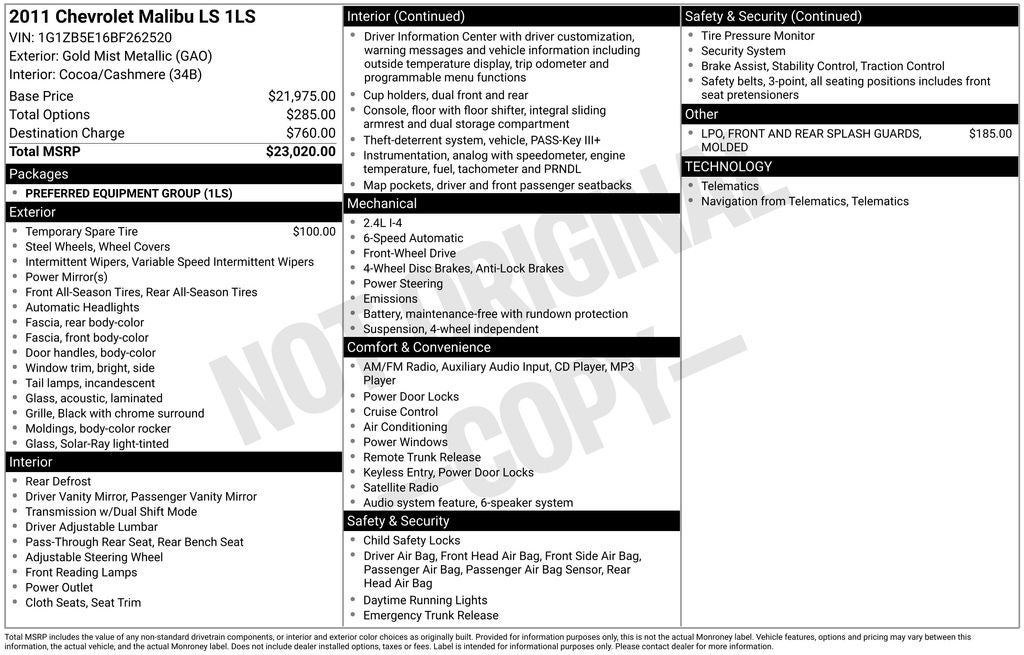 2011 Chevrolet Malibu LS 1LS