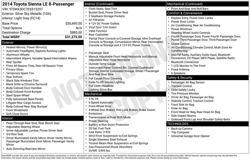 2014 Toyota Sienna L 7 Passenger